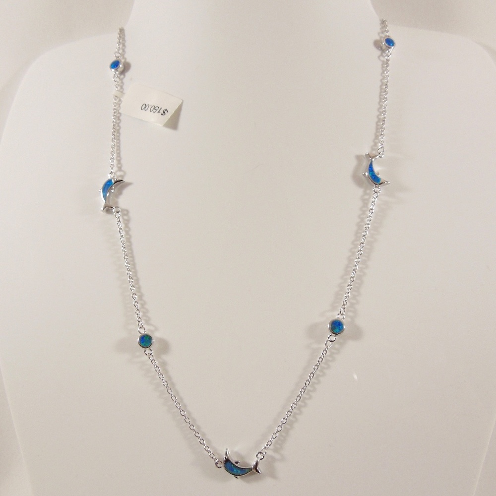 Blue Fire Opal Sterling Silver Dolphin Necklace